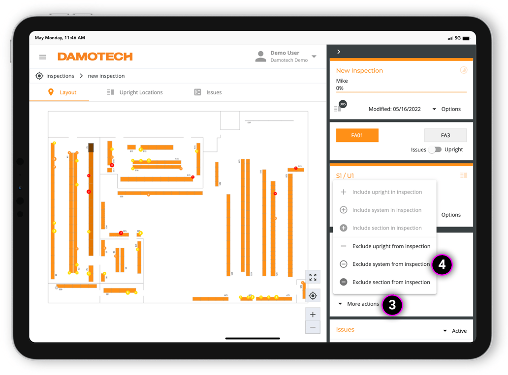 How to use the mobile app to assess warehouse rack damage?
