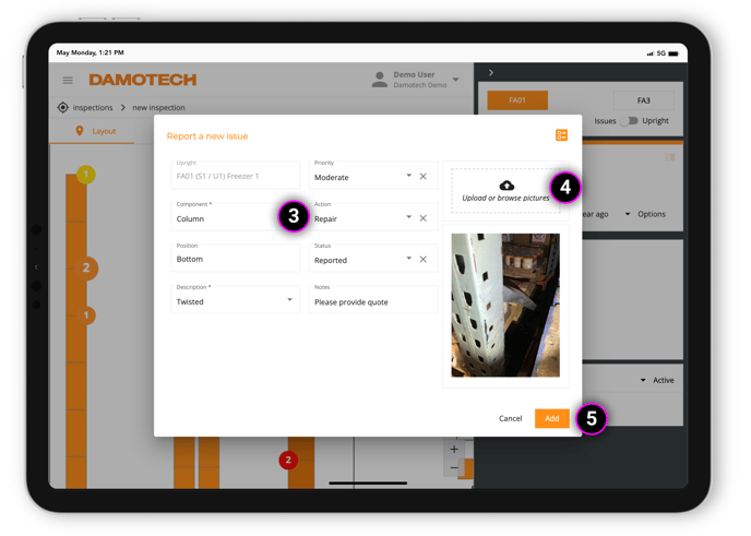 Assess rack damage with mobile app