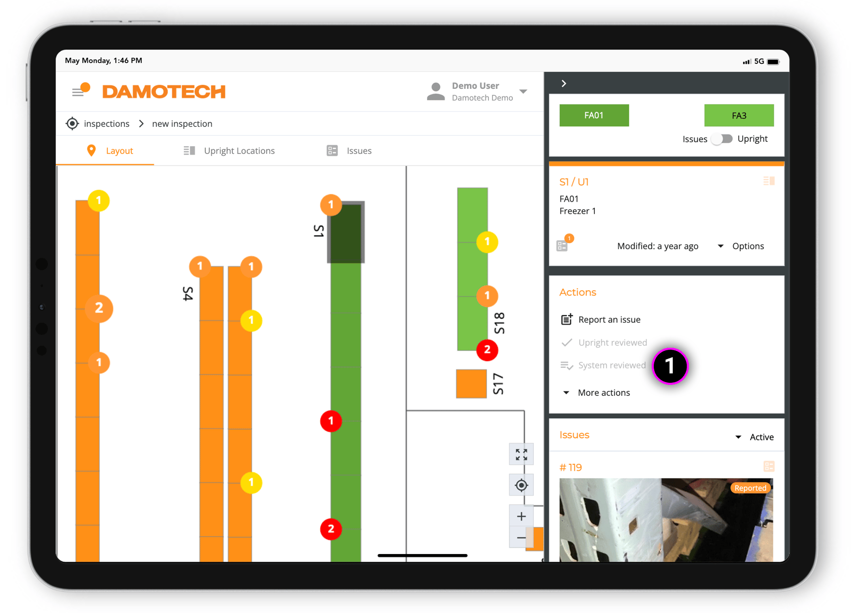 How to use the mobile app to assess warehouse rack damage?