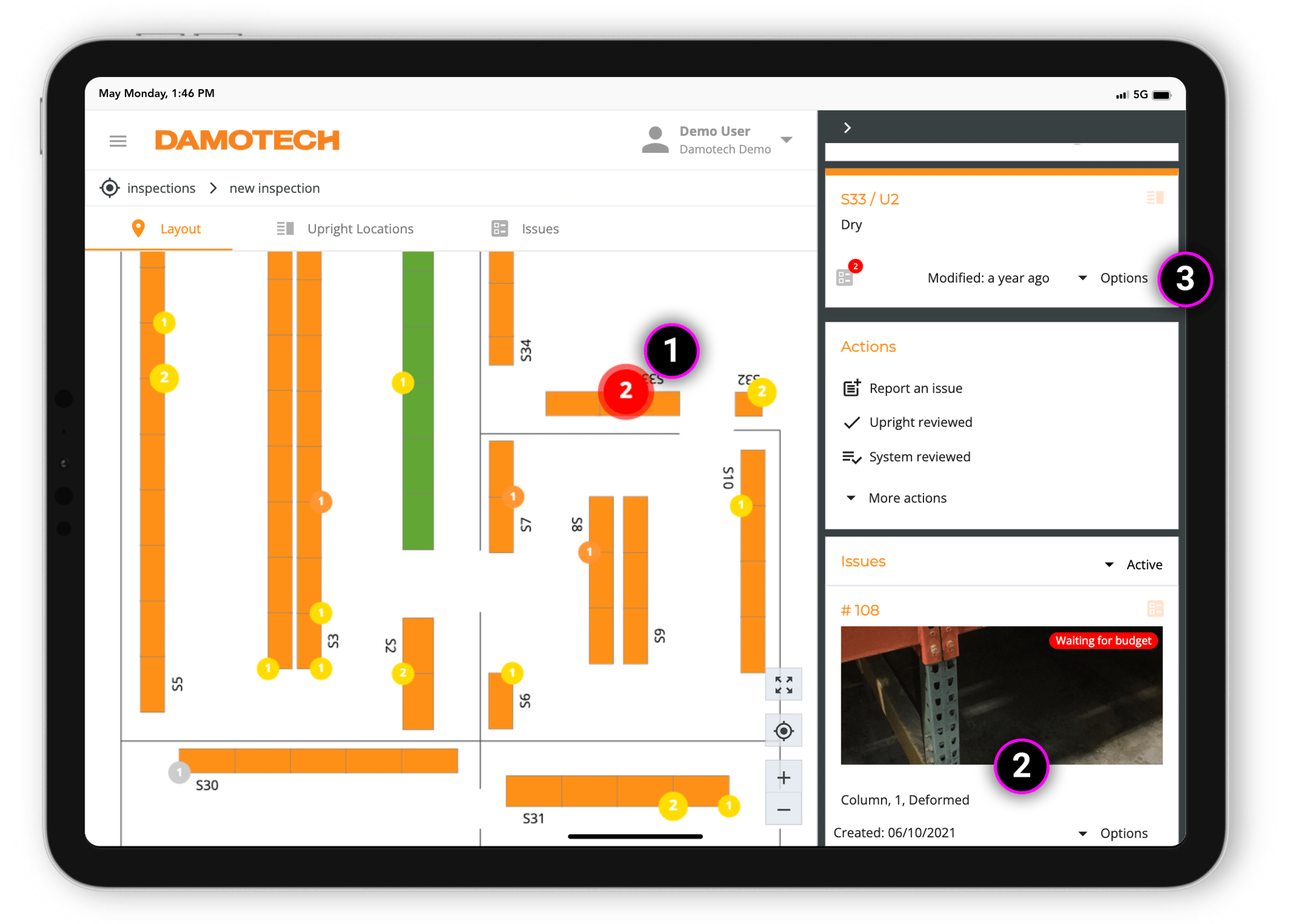 How to use the mobile app to assess warehouse rack damage?