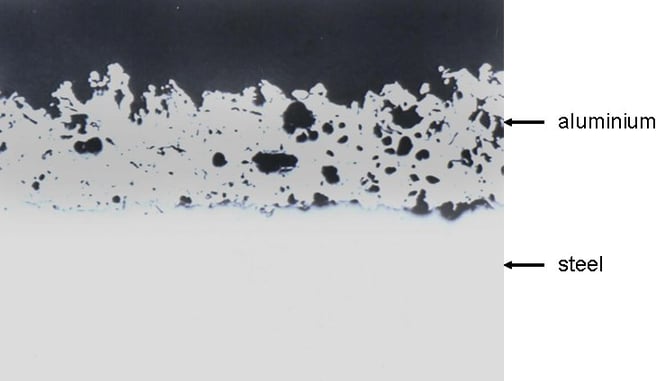 Cross-section of the layers applied to the steel after the thermally sprayed coating process