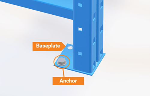 Illustration of a pallet rack anchor and a rack baseplate