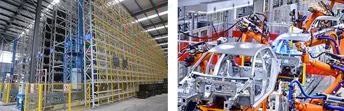 Automotive parts warehouse using lifting equipment to handle components in a high-density storage environment