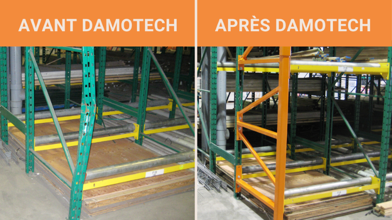 Vue d'avant et d'après des réparations de palettiers conçues par des ingénieurs de Damotech