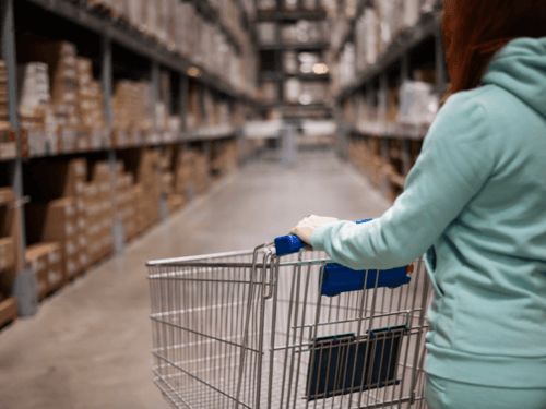 Client pushing a cart in an Ikea Warehouse
