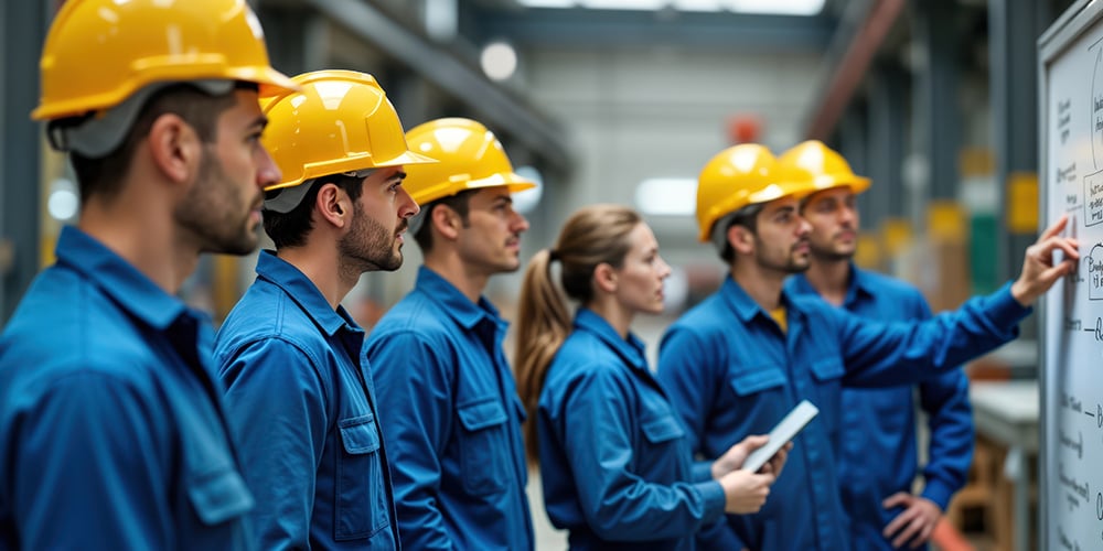 Warehouse workers meeting during a toolbox talk for warehouse safety and OSHA compliance