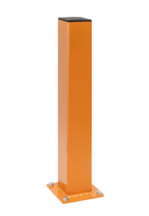 Front-view of orange warehouse safety DAMO Bollard with anchored baseplate
