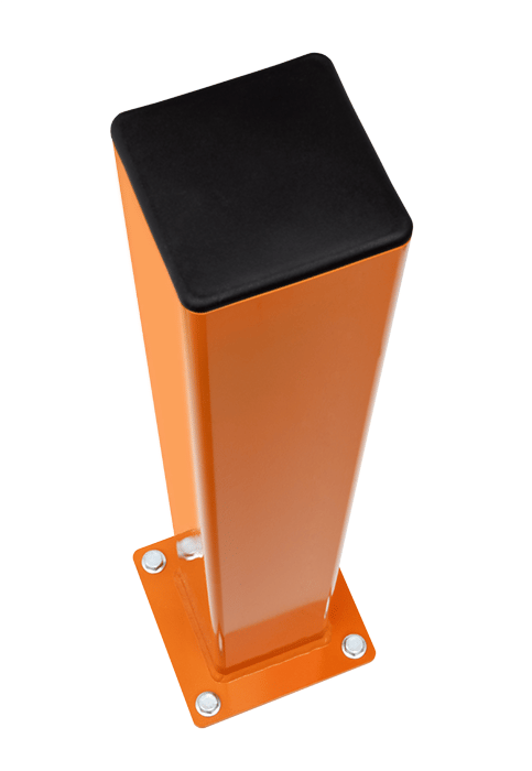 Close-up of orange square steel warehouse safety DAMO bollard with black cap and anchored baseplate