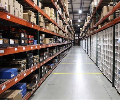 Clothing storage racks in a garment warehouse