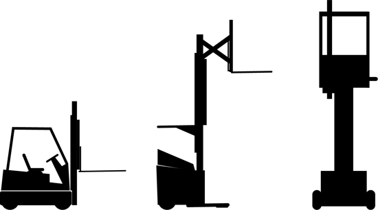 Sit-down counterbalance, stand-up counterbalance, and swing reach truck