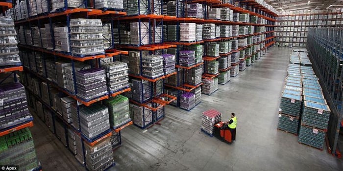 Massive wine warehouse with high-density pallet racking systems storing shrink-wrapped cases, while a worker operates a powered pallet jack across wide, polished concrete aisles.