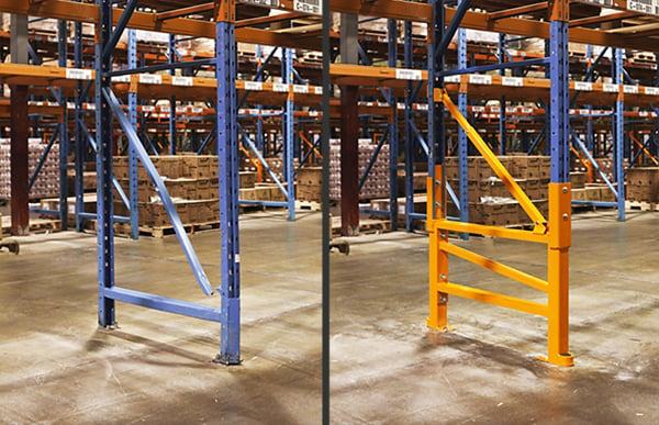 Before/after picture of a pallet rack repaired with a DAMO PRO (DBRS) rack repair kit.