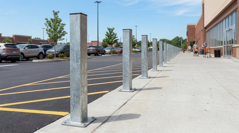Galvanized safety bollards used outside in front of a grocery store