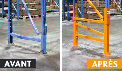 Avant et après la réparation de palettiers endommagés avec DAMO PRO