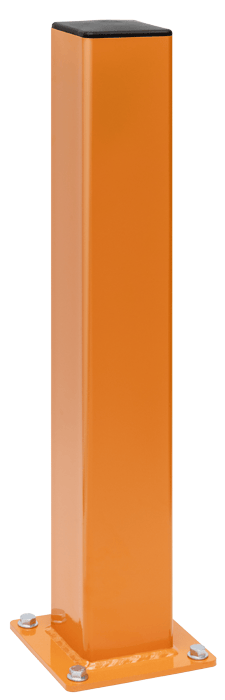 Front-view of orange warehouse safety DAMO Bollard with anchored baseplate