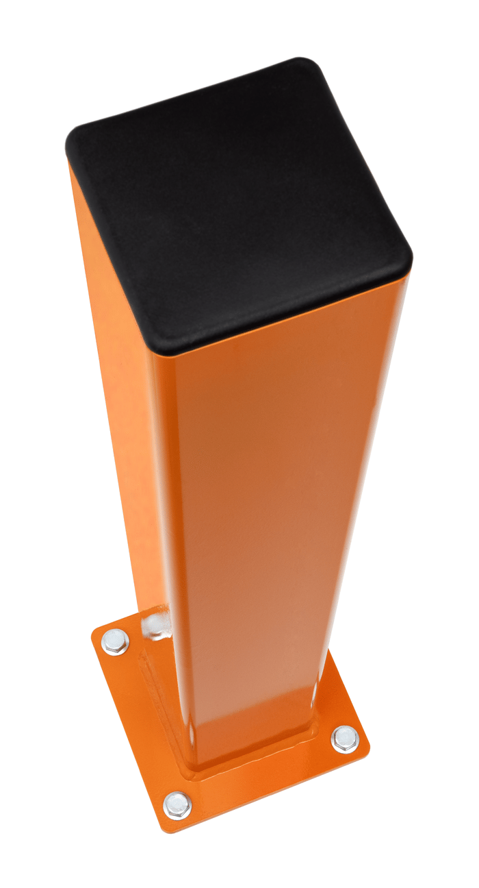 Close-up of orange square steel warehouse safety DAMO bollard with black cap and anchored baseplate