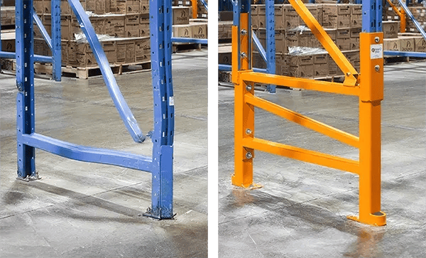 Damaged pallet rack upright before and after a DAMO PRO repair