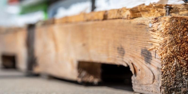 Damaged pallet with chipped wood and protruding nail