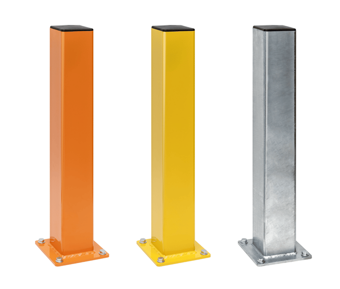DAMO Bollard Square steel warehouse safety bollards in orange, safety yellow and galvanized finishes with black caps and anchored baseplates