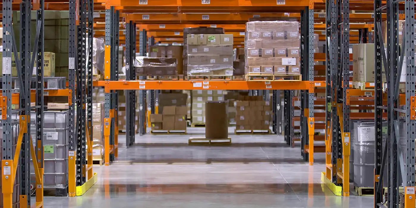Damotech Warehouse Tunnel with Engineered Pallet Rack Repair Kits and Rack Guarding