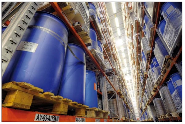 Chemical storage bins in a warehouse