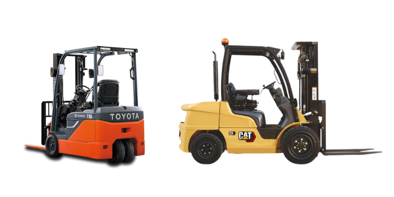 Différents modèles de chariots élévateurs : Toyota (gauche) et CAT (droite)