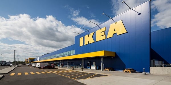 Exterior of IKEA’s expanded Montreal store, now the largest IKEA in North America, featuring modern architecture and a spacious layout.