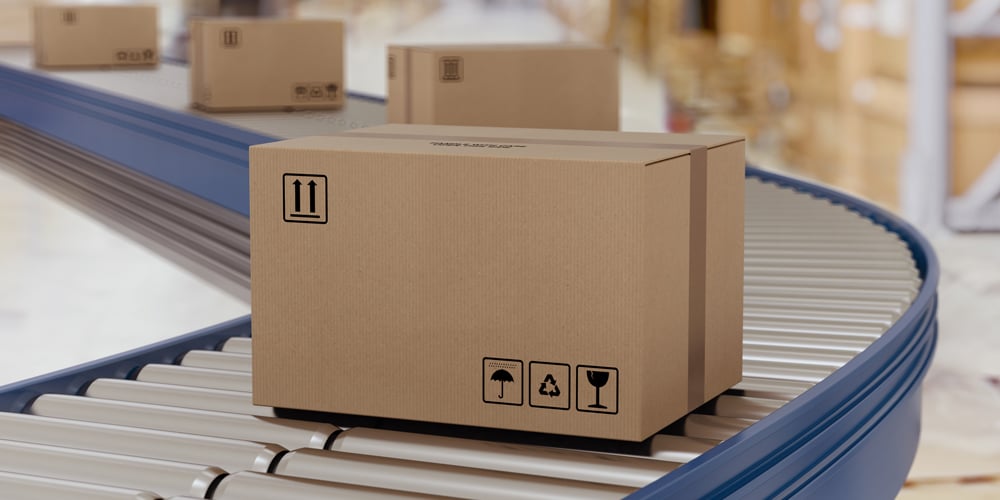 Brown carton being transported on a conveyor belt system in a warehouse environment.