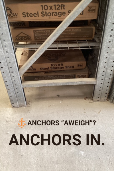 Damotech safety meme about missing pallet rack anchor