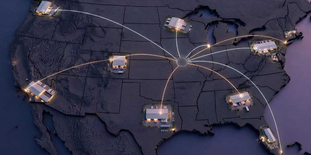 Multi-site warehouse network across North America connected to a central rack safety governance system dashboard