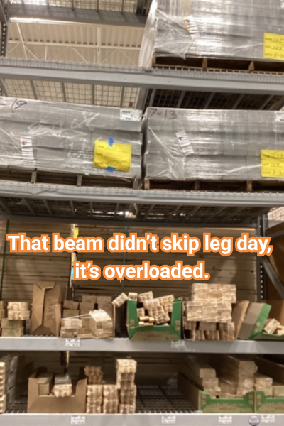 Damotech safety meme showing how overloading a beam has led it to be deformed, in need of expert assessment