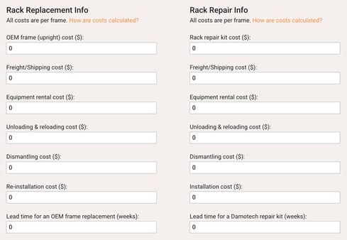 Rack repair info vs. replacement data in ROI Calculator
