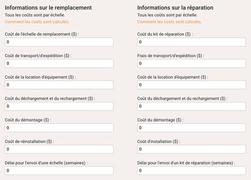 Informations dans le calculateur du ROI pour comparer le remplacement et la réparation des palettiers