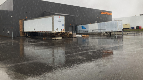 Rain outside of Damotech warehouse