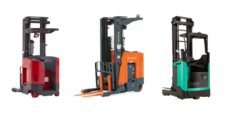 Various models of reach trucks from left to right: Raymond, Toyota, and Mitsubishi