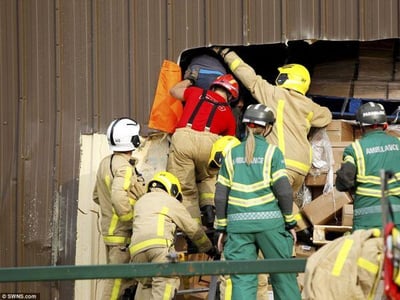 Emergency rescue after warehouse rack collapse involving forklift accident