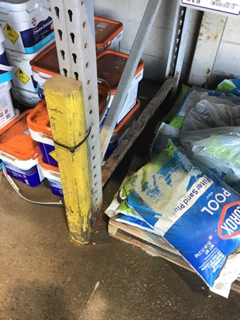 Salt accelerating rust on a pallet rack frame