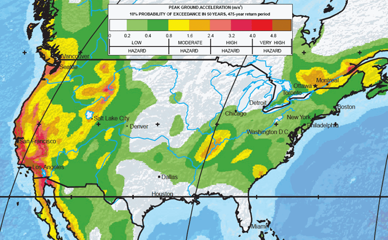 une carte des risques sismiques en Amérique du Nord