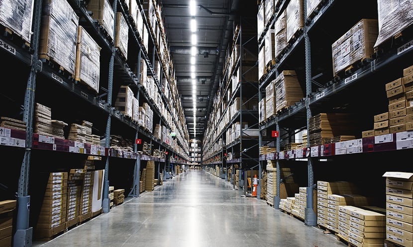 Stored merchandise on warehouse racks