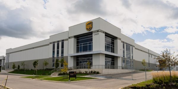Exterior view of UPS’s 850,000-square-foot Triage Facility in Caledon, Ontario, showing the modern automated distribution center designed to process up to 35,000 packages per hour.