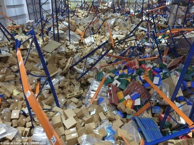 Collapsed warehouse racking after forklift impact at Edwards Transport in the UK