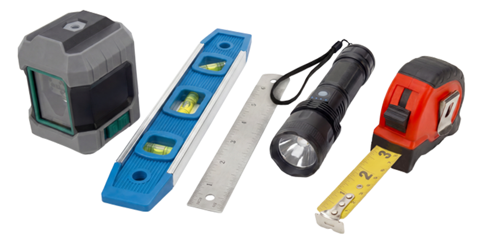 Damotech webinar giveaway items tape measure, flashlight, ruler, level, and a magnetic level.