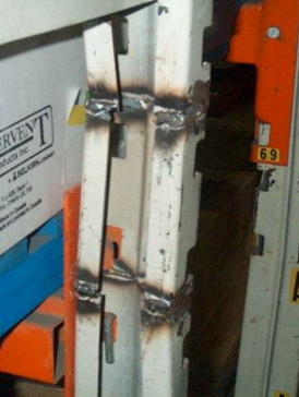 damage welded repair on pallet rack upright
