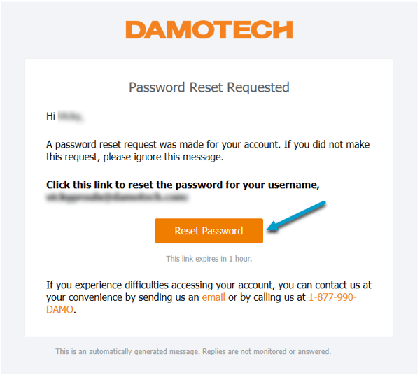 Damotech Platform Reset Password Email Confirmation
