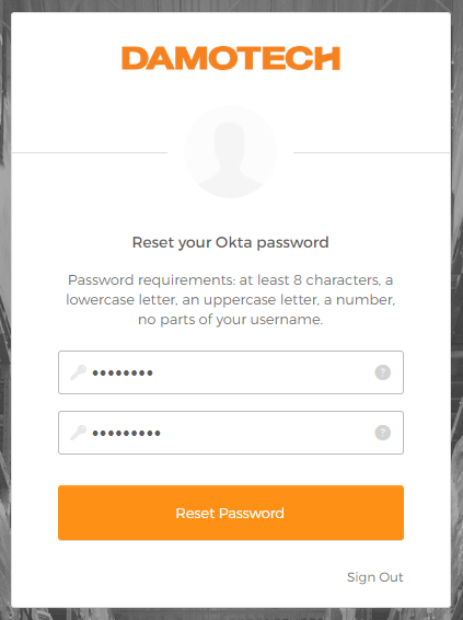 Damotech Platform Confirm new Password