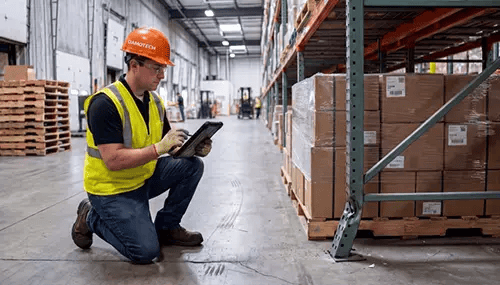 Pallet Rack Expert - kneeling-assess-damage