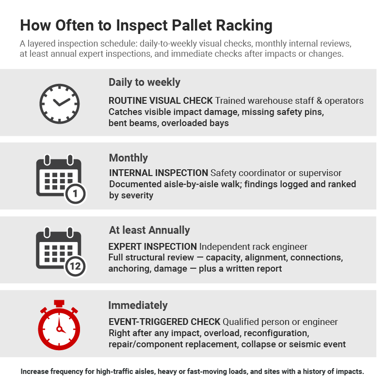Pallet rack inspection frequency: daily-to-weekly visual checks, monthly internal inspections, annual expert inspections, and immediate event-triggered checks