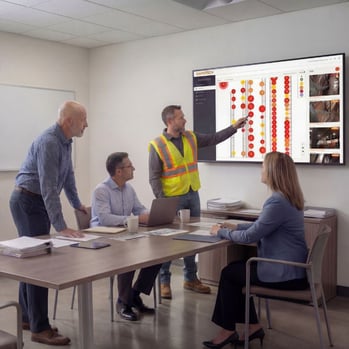 Warehouse team reviewing pallet rack inspection dashboard with damage indicators during safety meeting