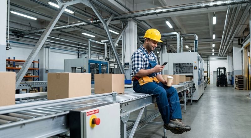 Warehouse worker sitting on a stopped conveyor belt