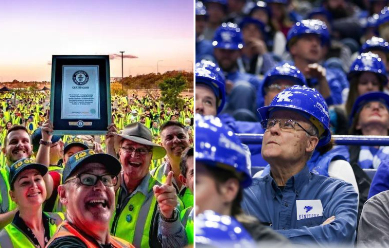 Record du monde du plus grand nombre de personnes portant des gilets de haute visibilité et des casques de sécurité